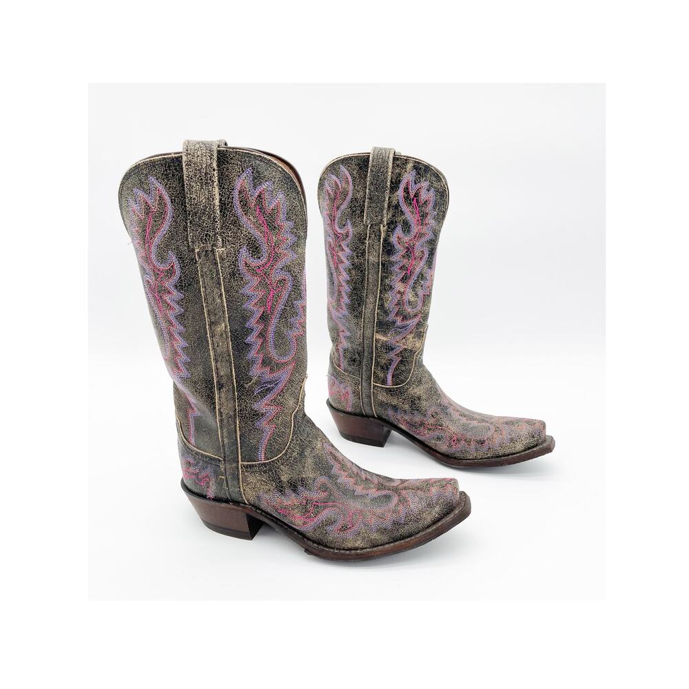 Lucchese Women’s 7 Crackled Charcoal Pink Purple Stitch Snip Toe Cowgirl Boots
